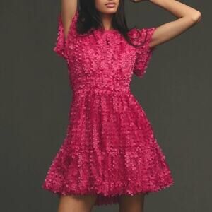 Anthropologie The Somerset Mini Dress, Floral Appliqué Edition - Fuchsia